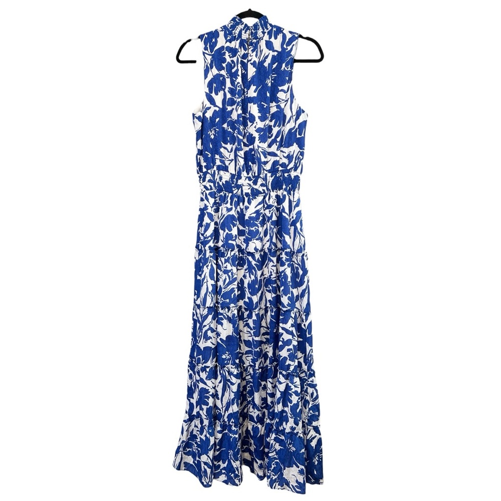 Msk Floral-Print Tiered Maxi Dress, Sleeveless, High Neck, Blue &‎ White, Sz Med - Picture 5 of 12